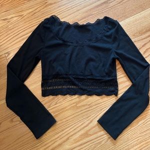 Cute Black Lace Detail Long Sleeve Cropped Top - Size Small